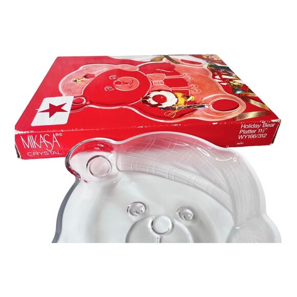 Mikasa Teddy Bear Platter 11.5" Crystal Holiday Christmas Serving Plate Box Vtg - Picture 5 of 6